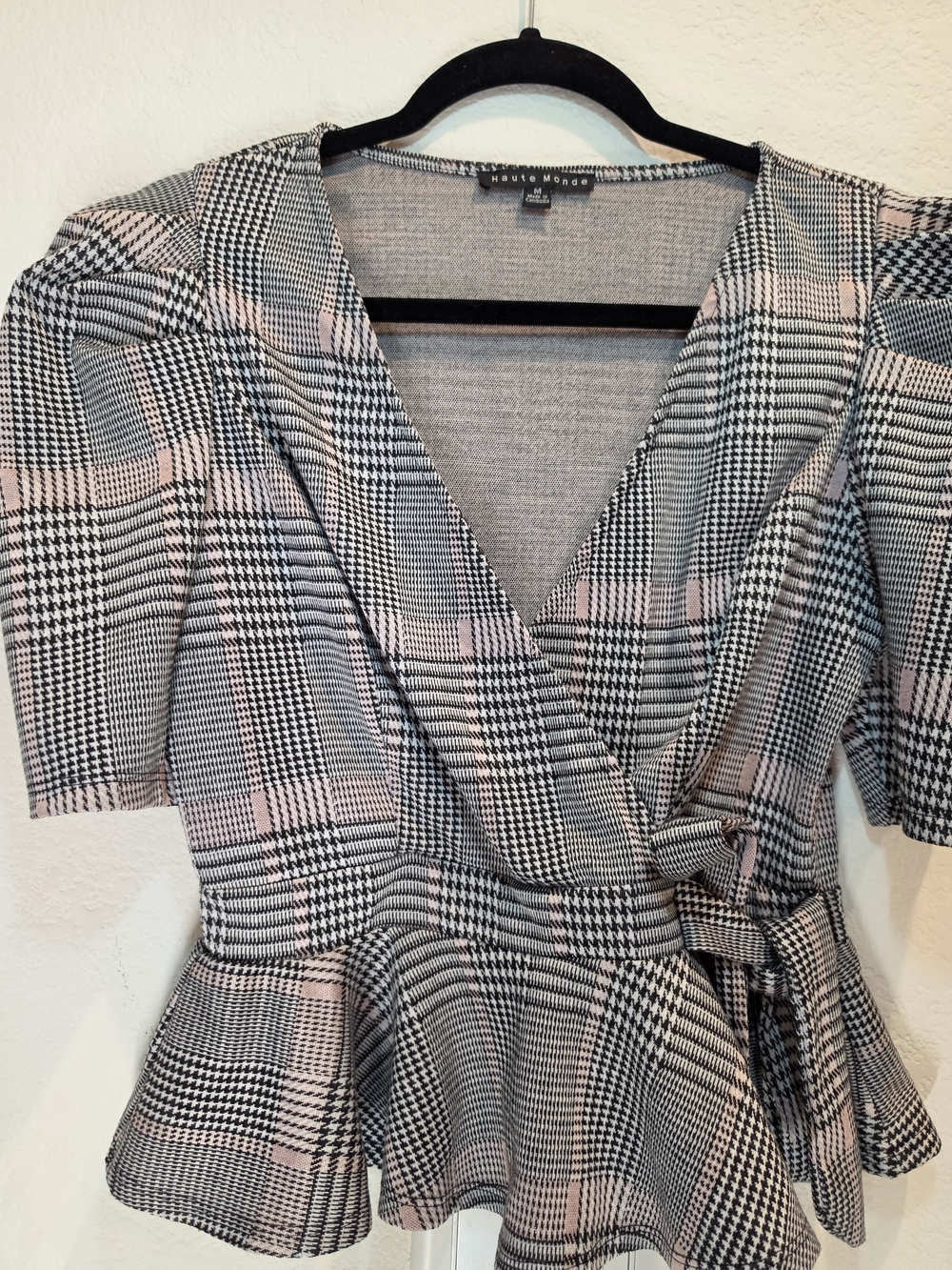 Haute Monde Pink and Black Plaid Wrap Peplum Blouse